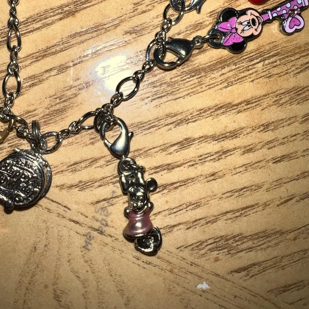 Disney 9 charm bracelet Minnie mickey crown rhinestones clasps birthday 7 inch